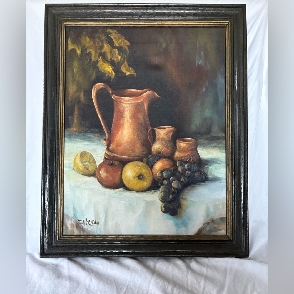Vtg Original Still Life Oil Painting - Copper Pitcher & Fruit - JA McMillin